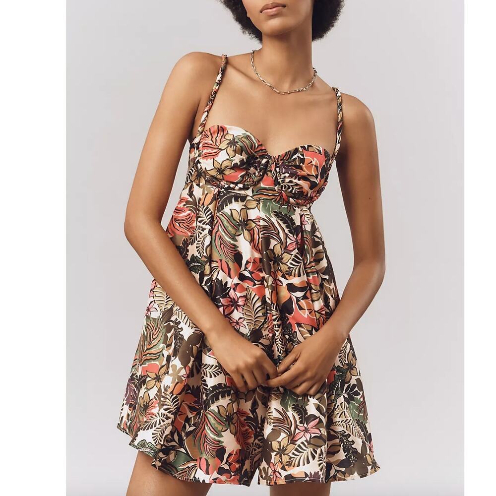 Hutch Bustier Tropical Print Braided Trim Smocked Back Romper • Size M